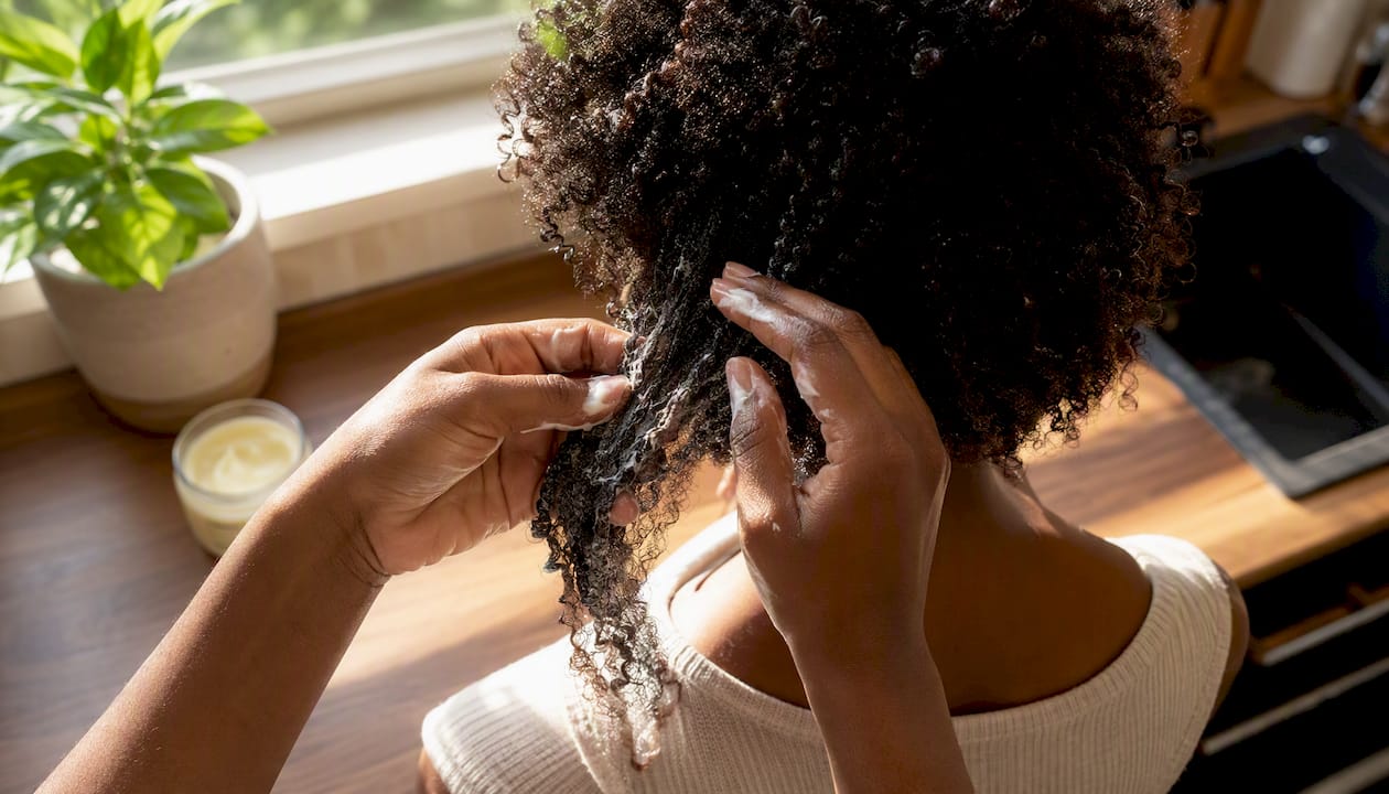 Hands applying cream to curly hair