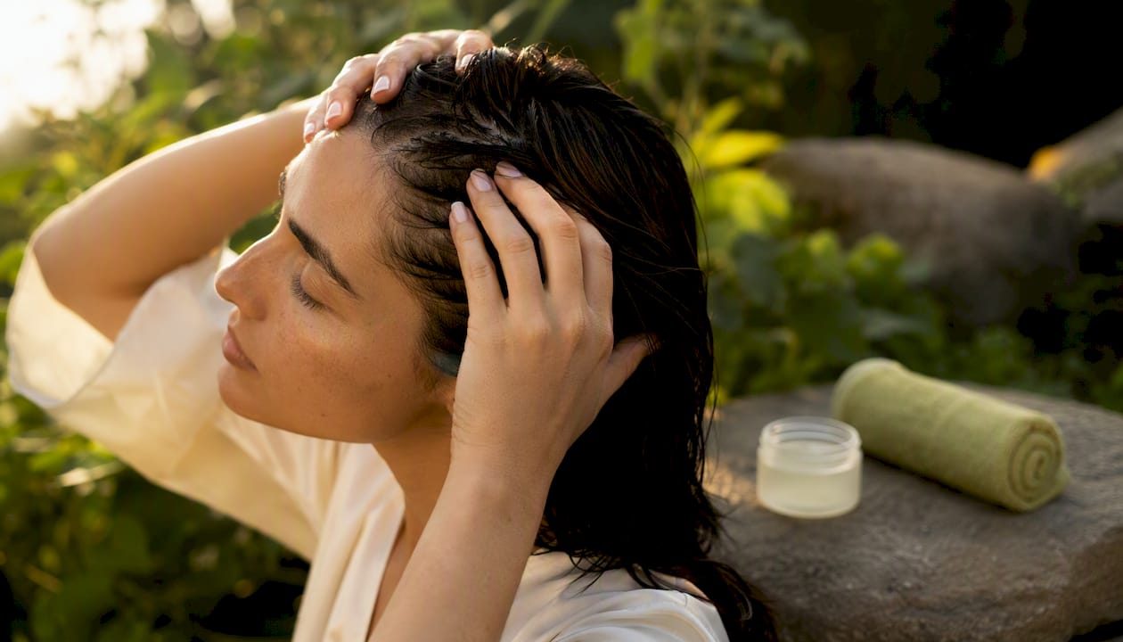 Person massaging serum on scalp