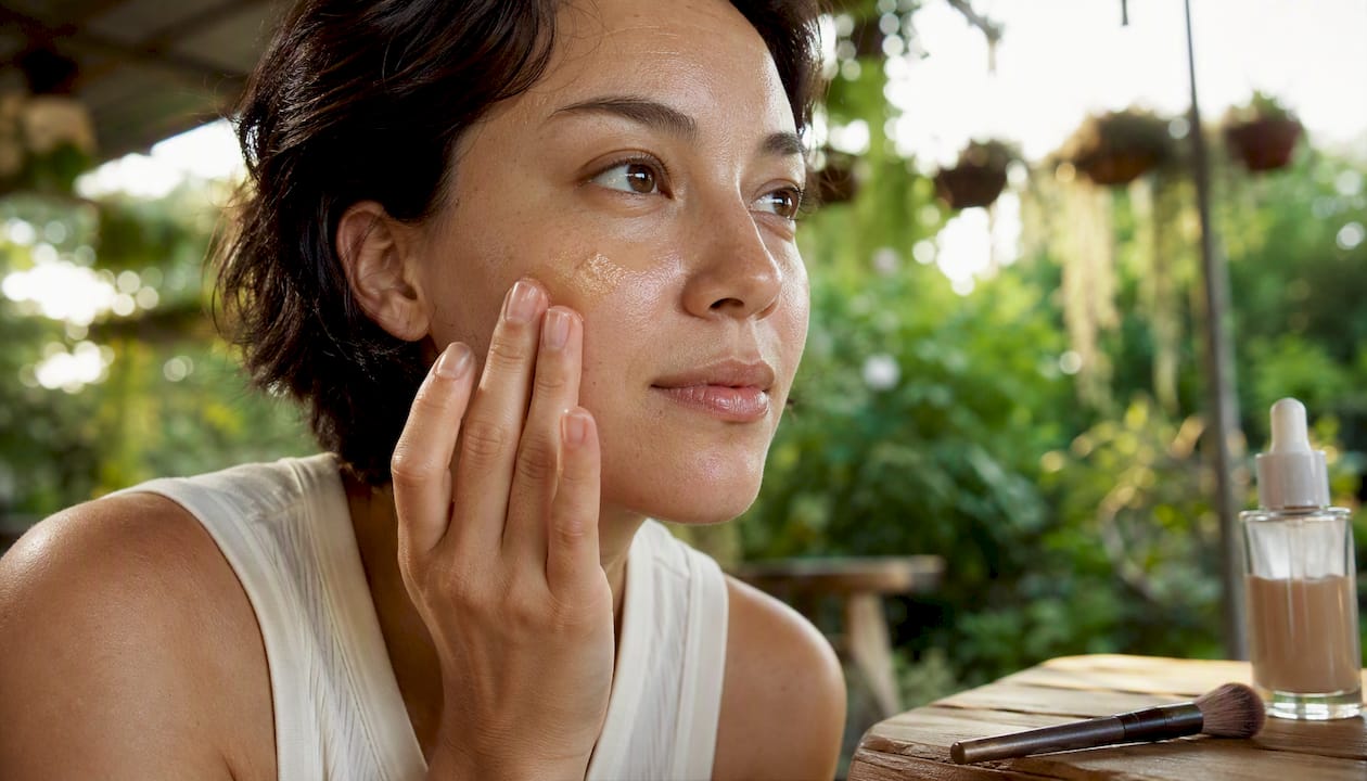Applying natural makeup serum tint on face