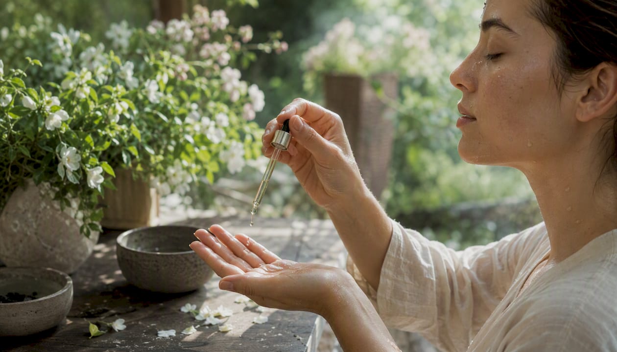 Hand holding facial oil dropper for skincare