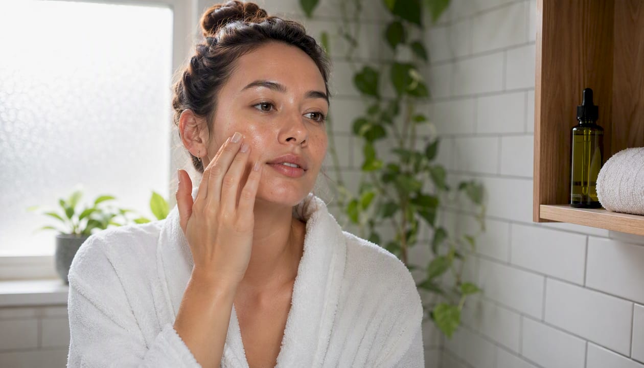 Woman applying vitamin C serum to cheek skin