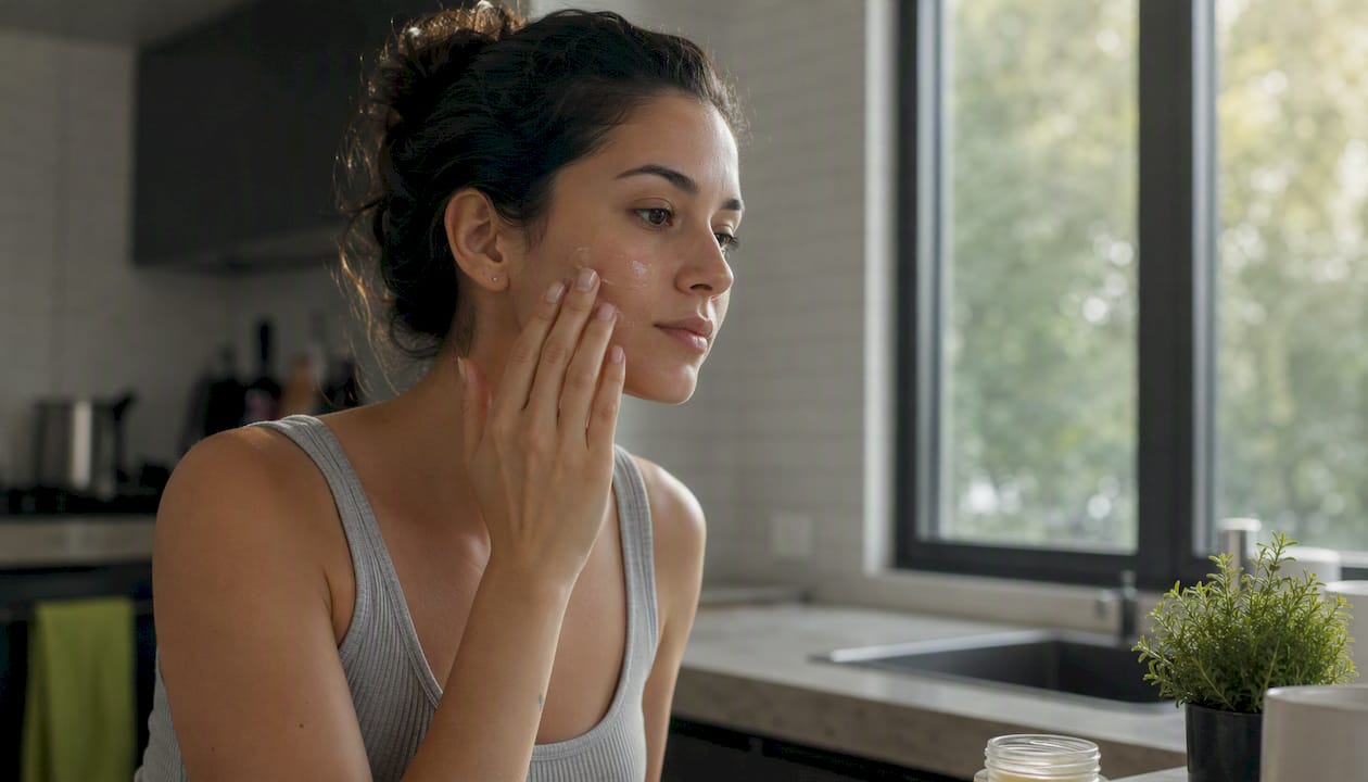 Person applying azelaic acid gel to cheek