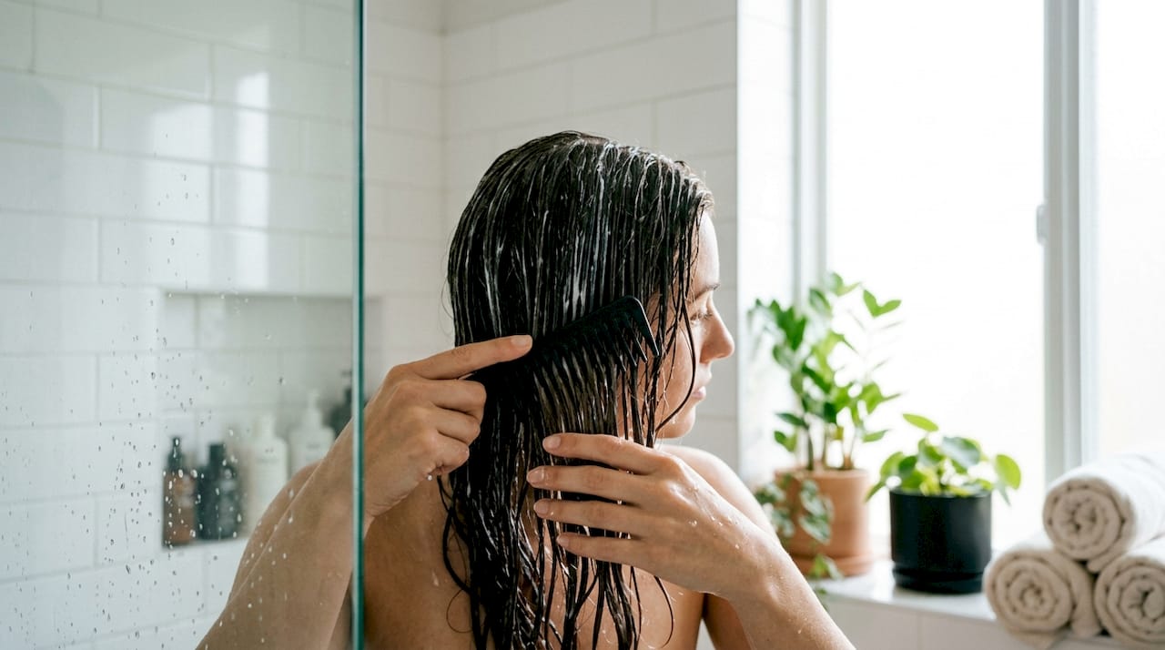 Detangling wet hair with wide-tooth comb