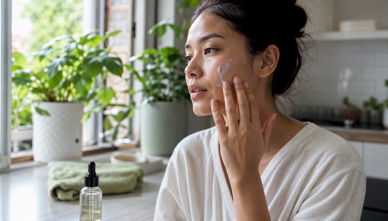 Applying moisturizer to damp facial skin
