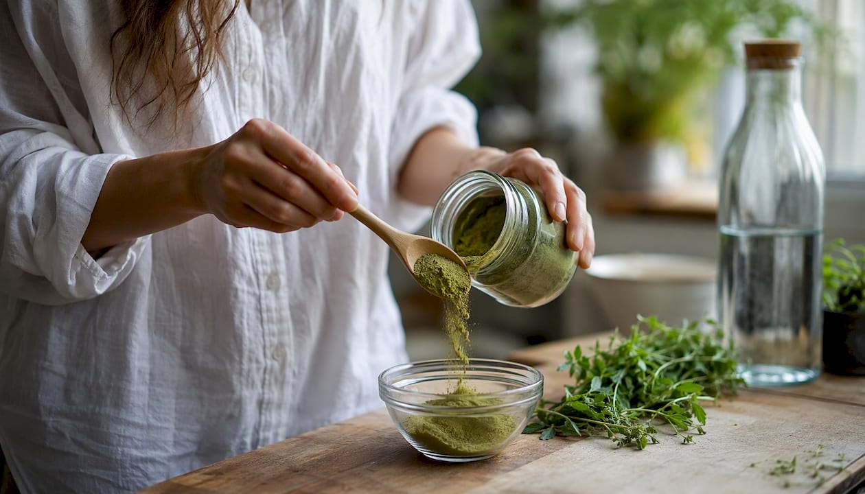 Hand scooping powdered adaptogen herb