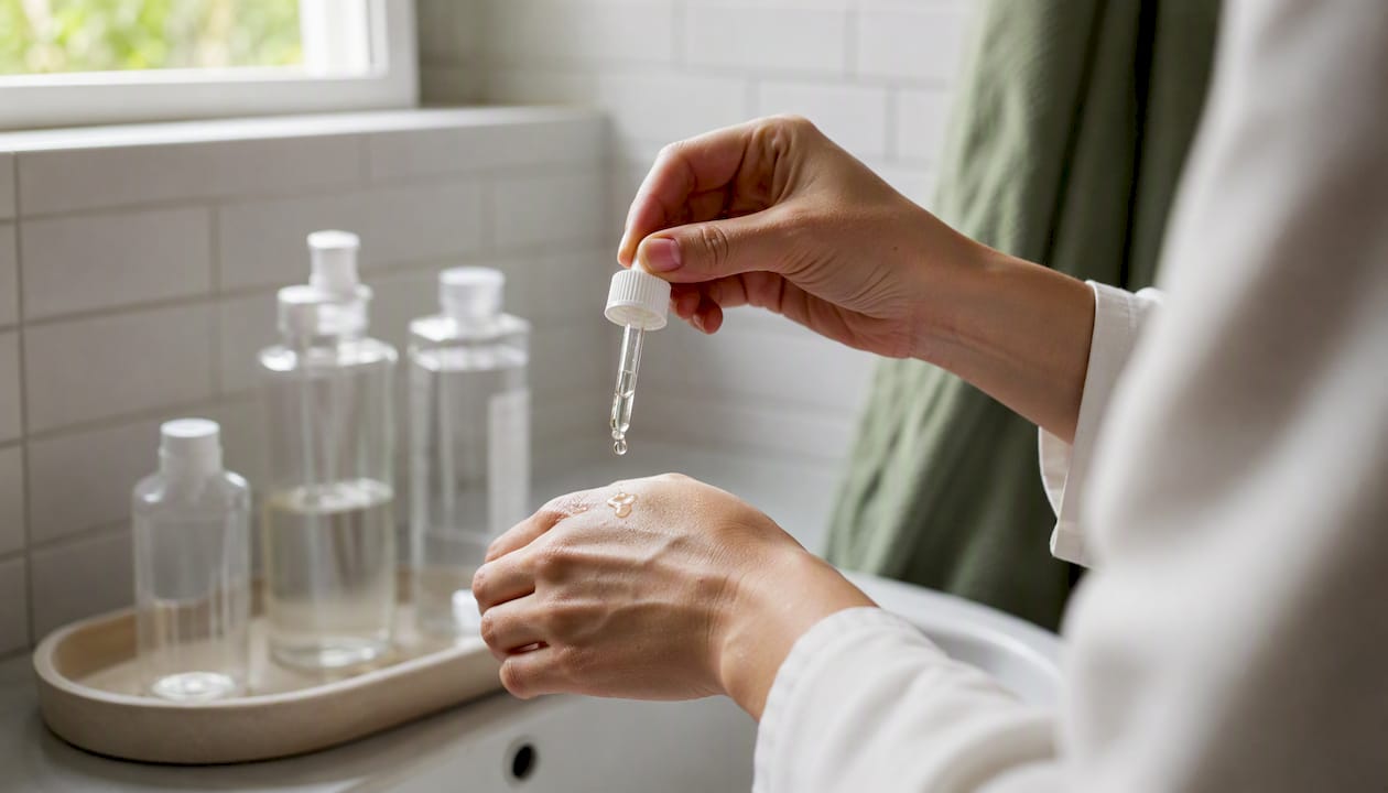 Person dispensing vitamin C serum on hand