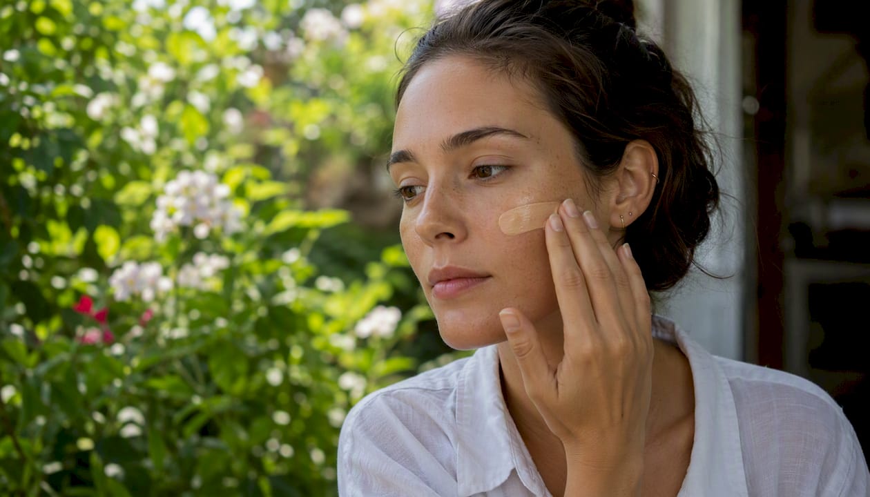 Person applying tinted sunscreen on cheek