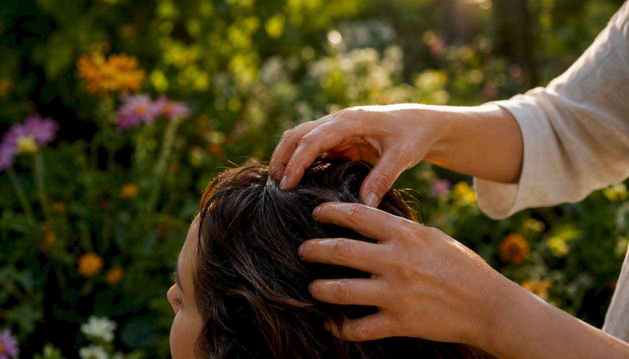 Hands massaging rosehip oil into scalp
