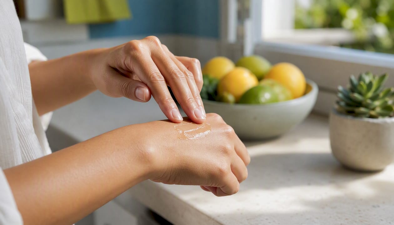 Hands applying vitamin C serum