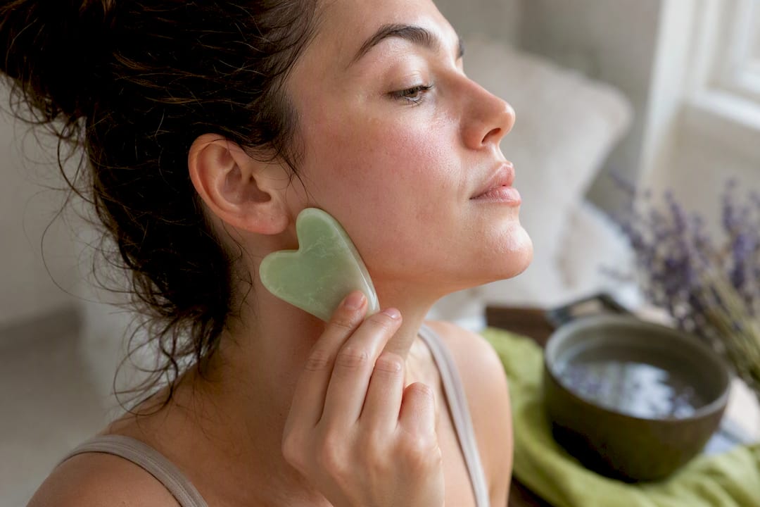 Using gua sha tool on cheek and jawline