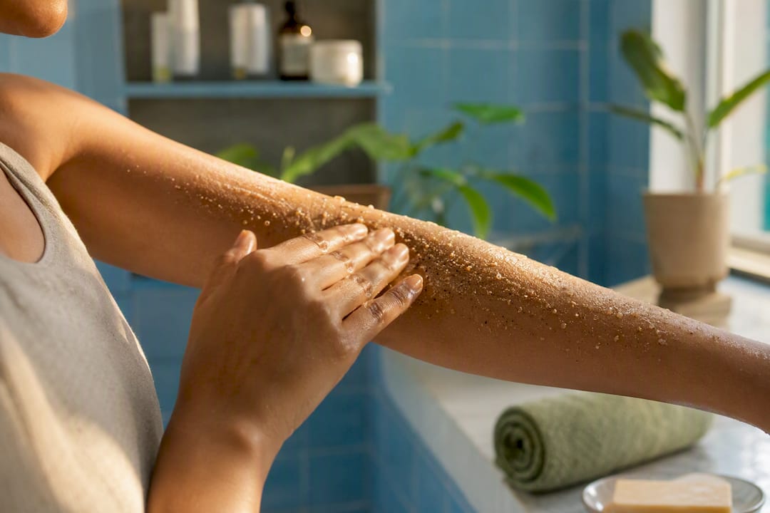 Applying exfoliating body scrub