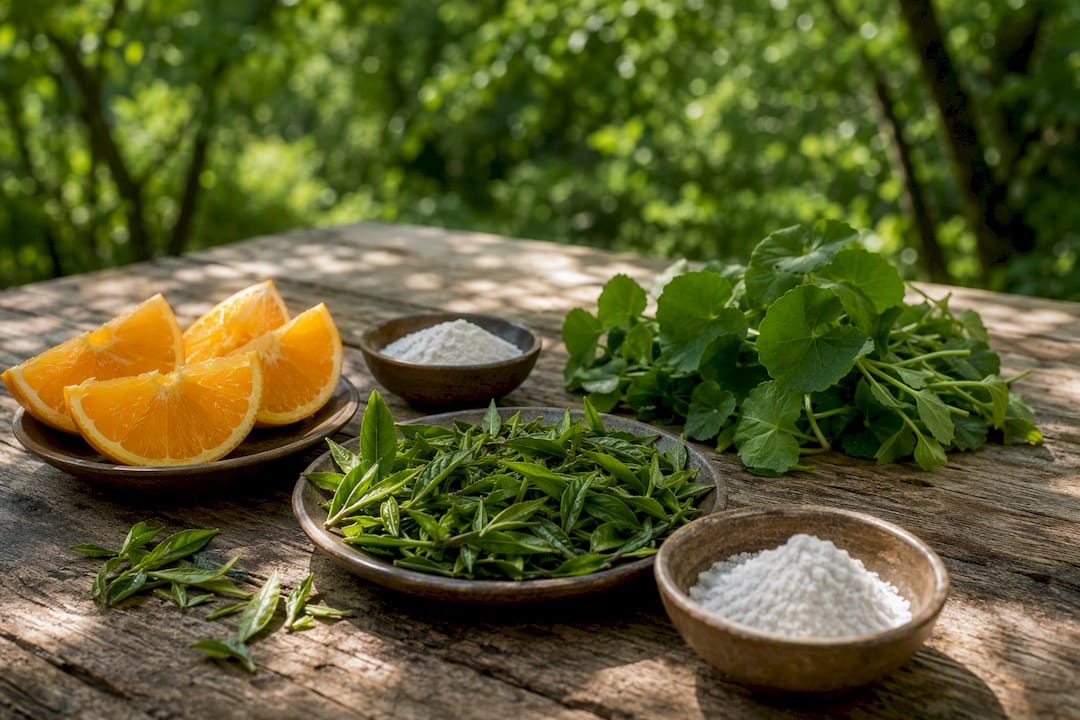 Botanical skincare ingredients flat-lay
