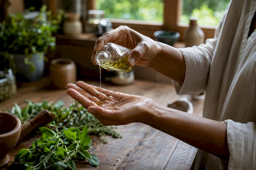 Applying drops of body oil on palm