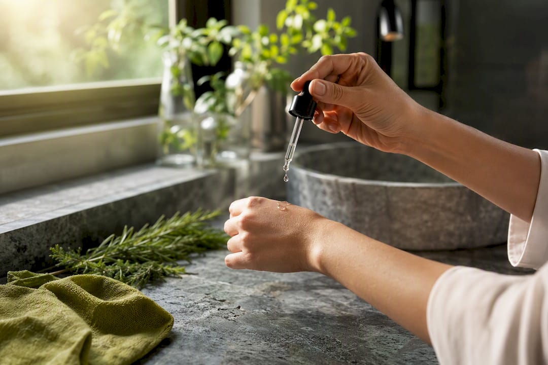 Drop of antioxidant serum over skin