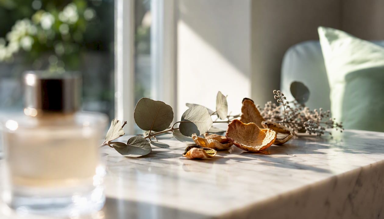 Natural botanicals beside perfume bottle silhouette