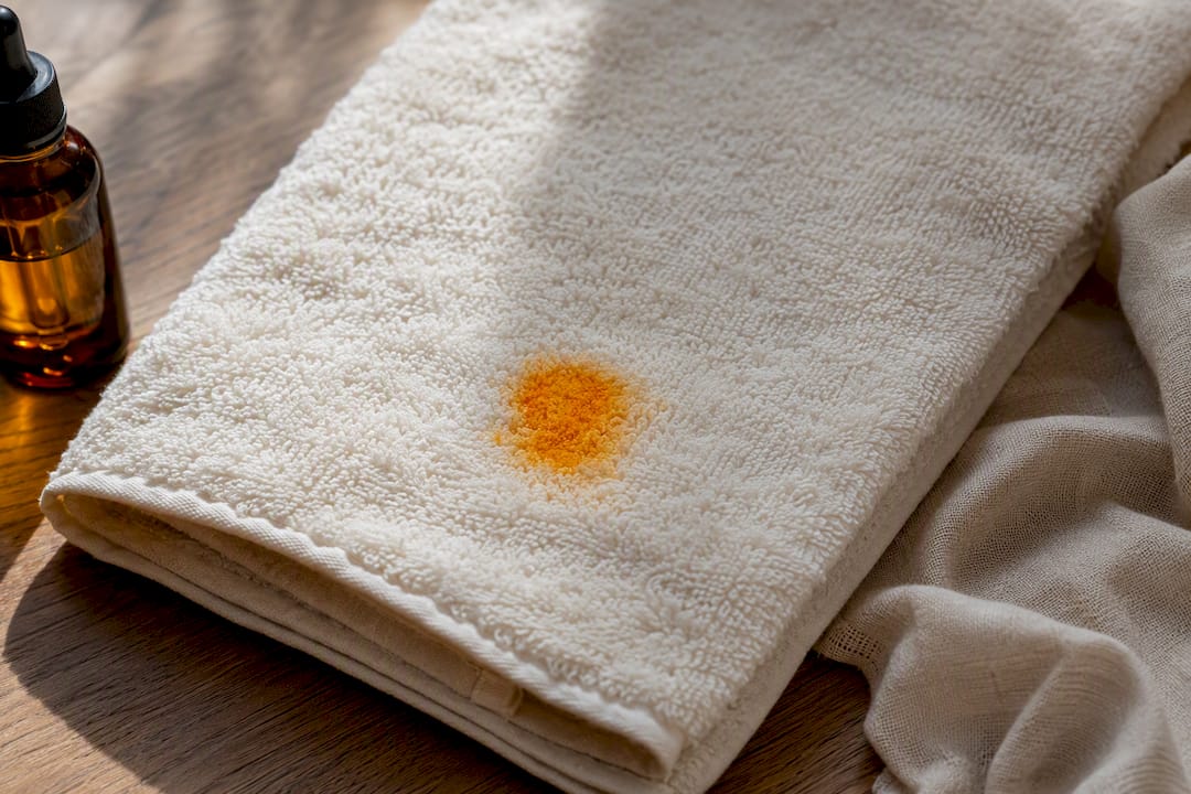 Orange oil stain on light towel