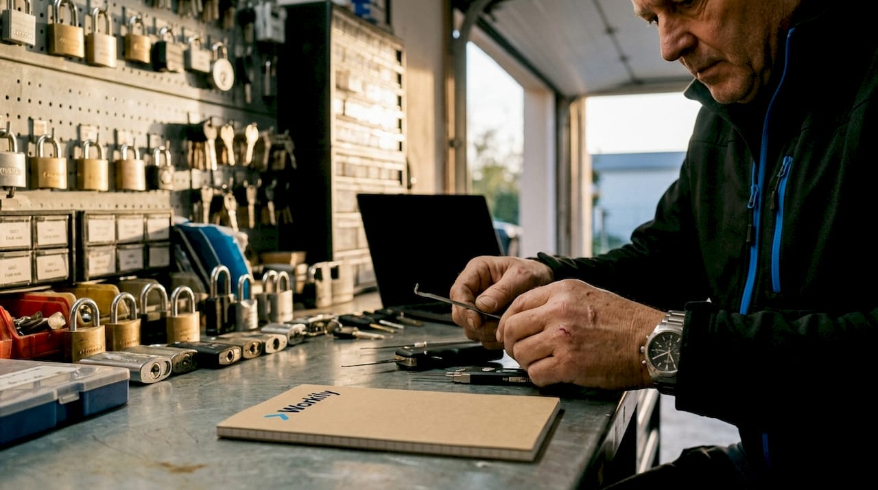 Locksmith hands holding professional tools