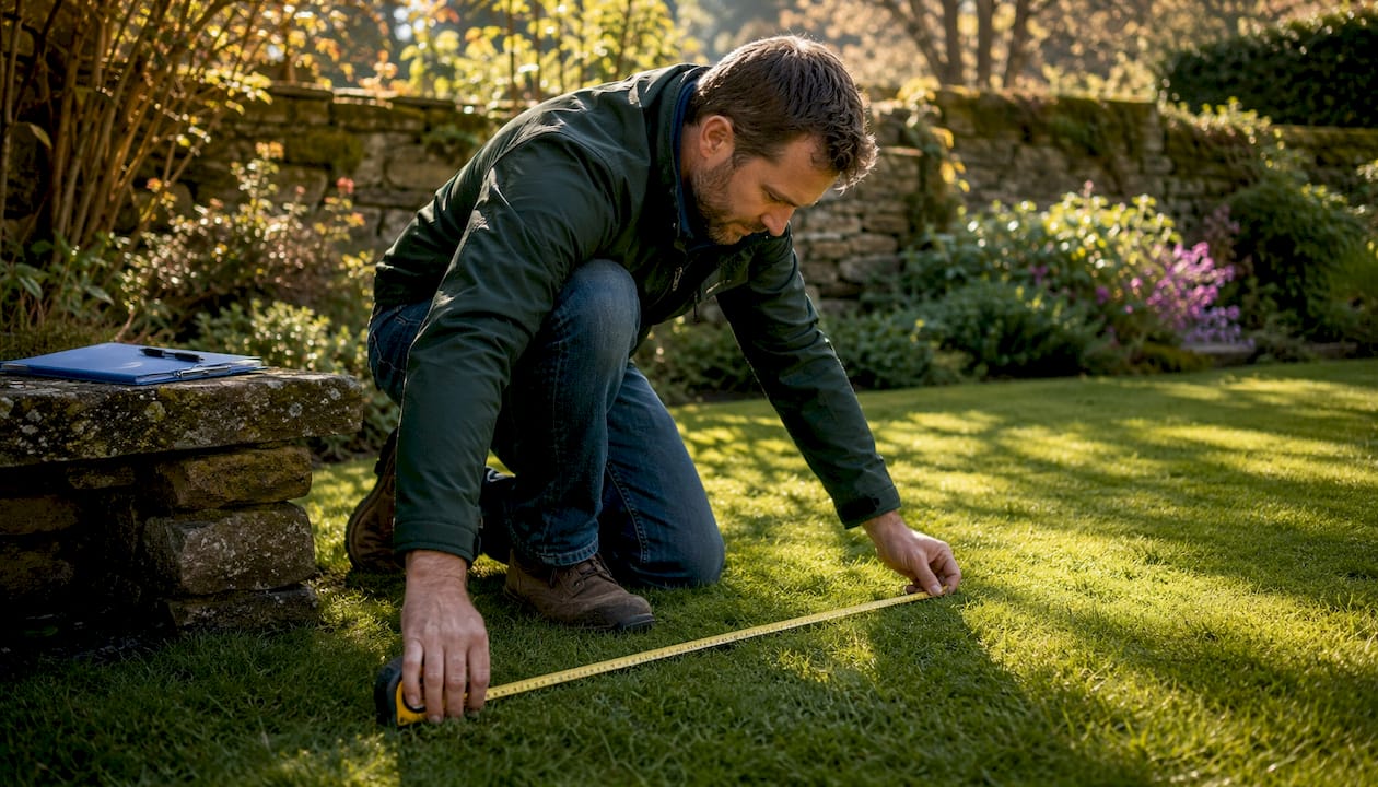 Lawn care pro measuring garden size outdoors