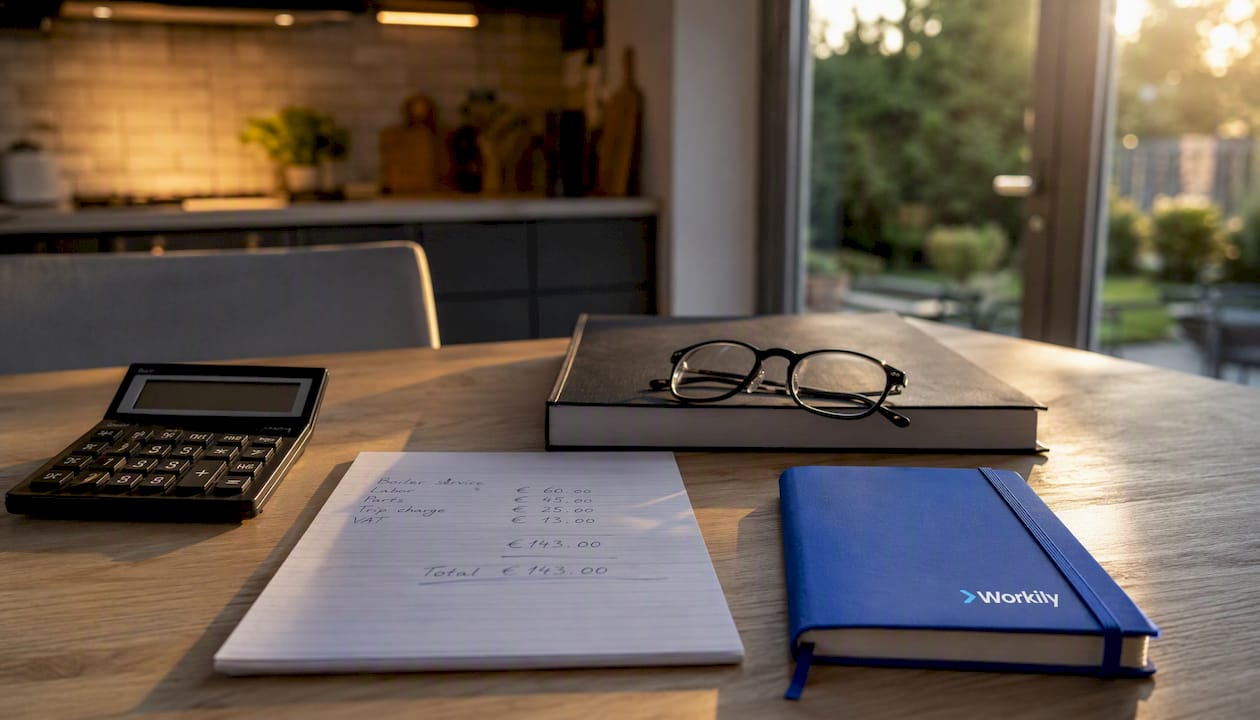 Desk with calculator and cost notes for boiler service