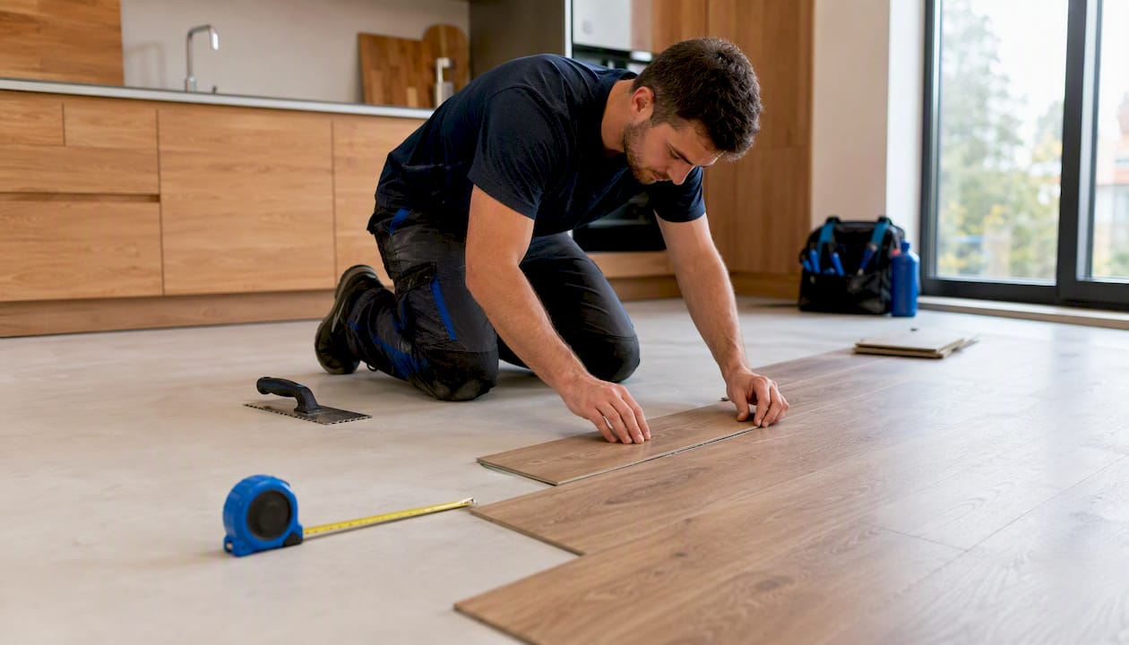 Installer hands fitting luxury vinyl tile flooring
