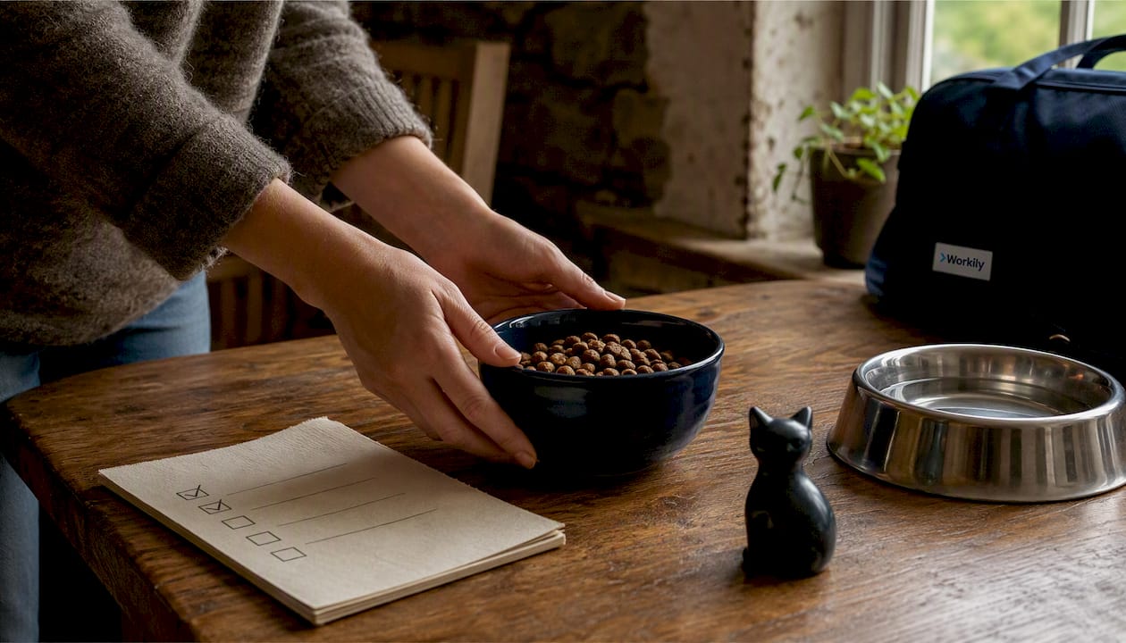 Hands preparing pet food and checklist on kitchen counter