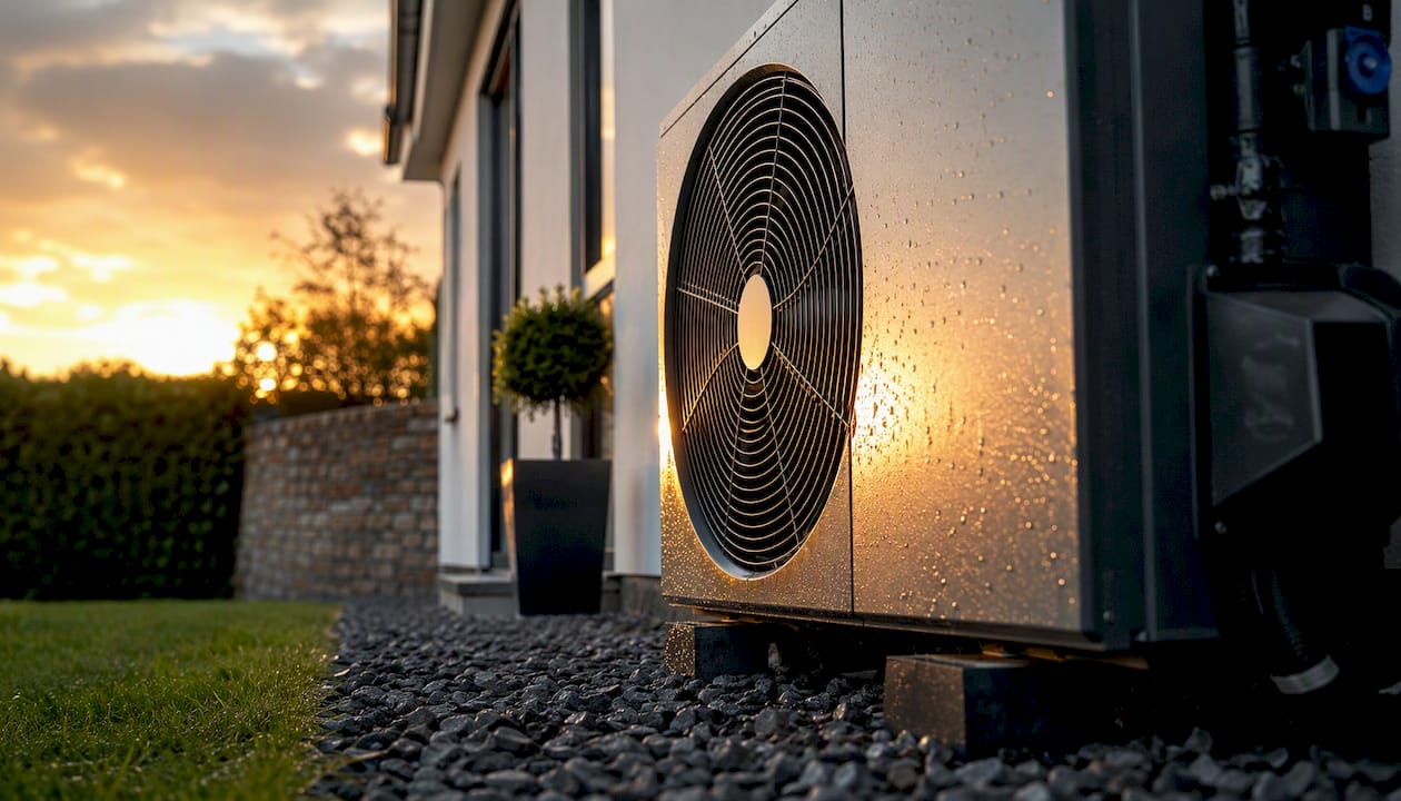Outdoor heat pump unit on home exterior