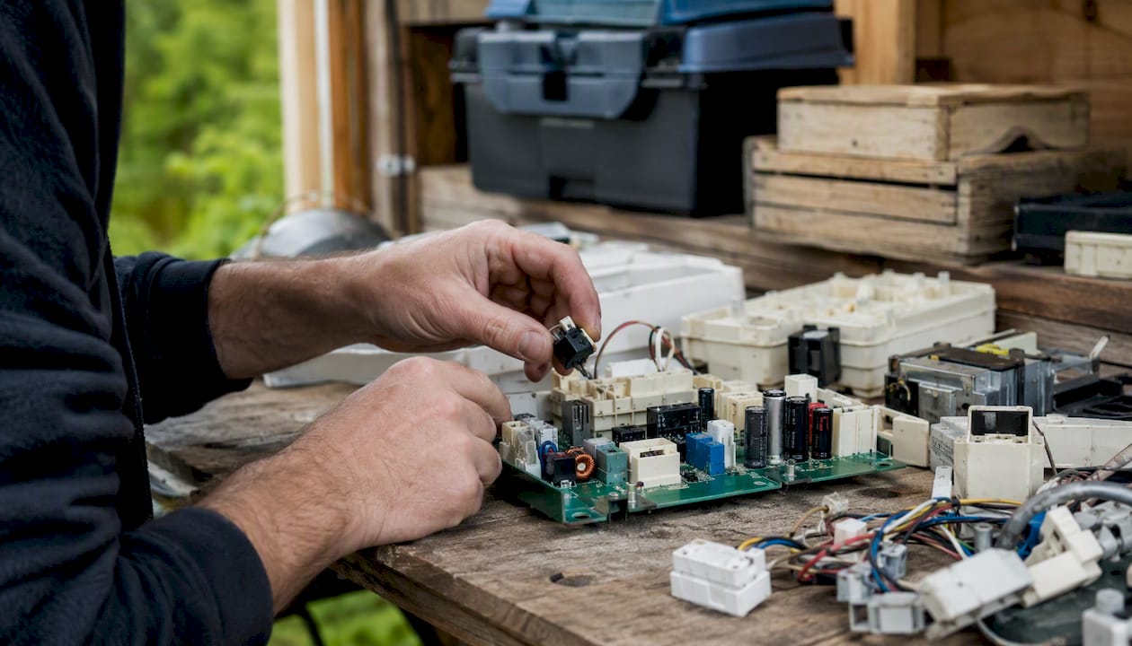 Technician inspecting appliance parts at workbench