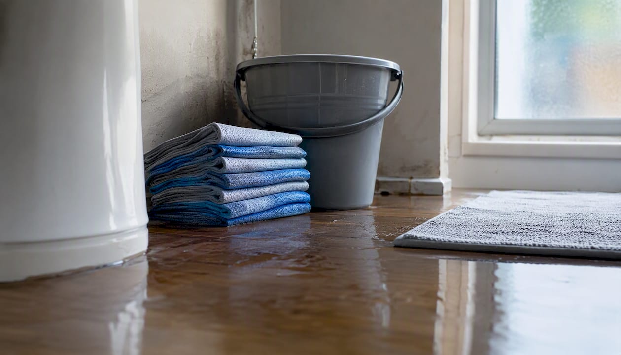 Towels and bucket containing water leak indoors