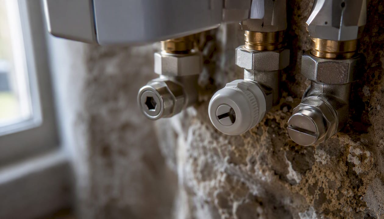 Different radiator valve heads with tools