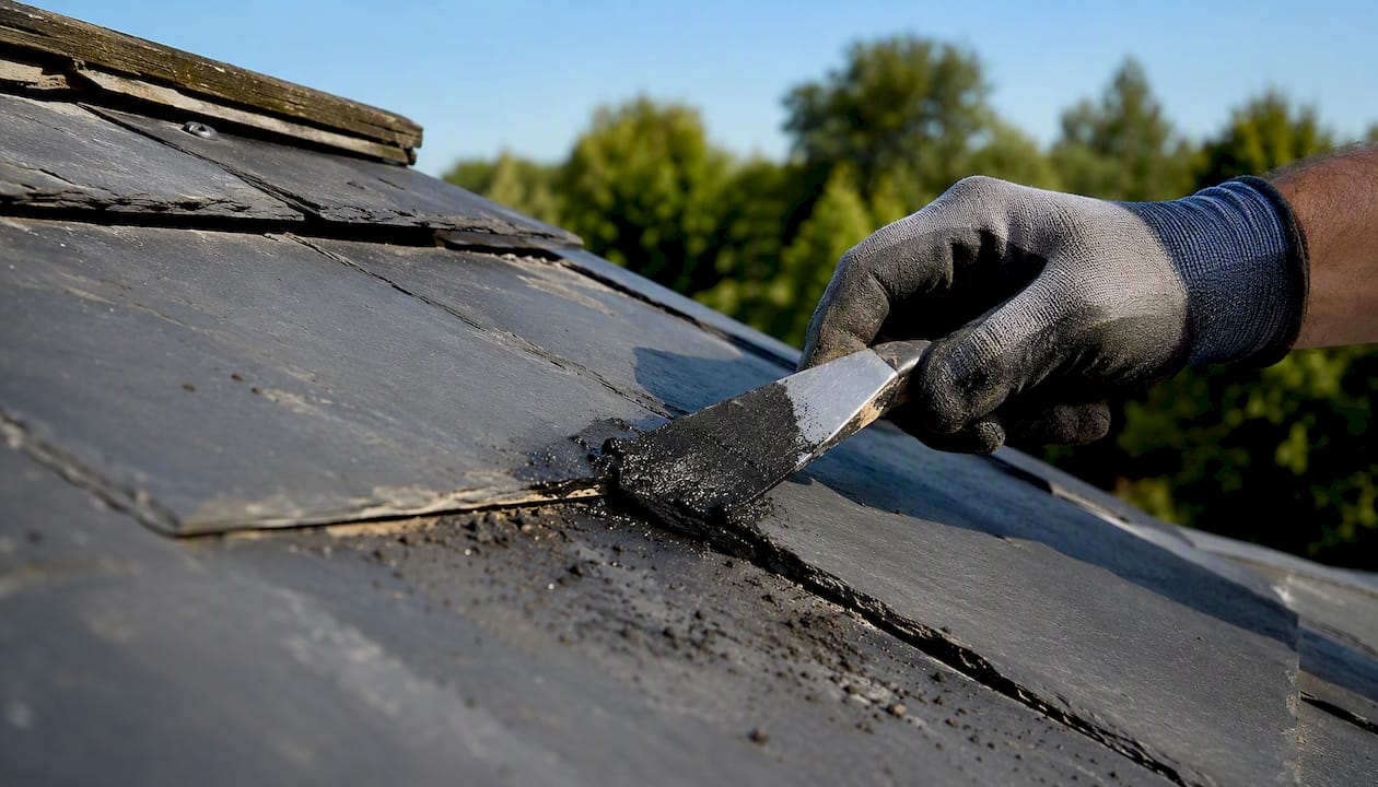 Hand applying roofing cement to slate crack