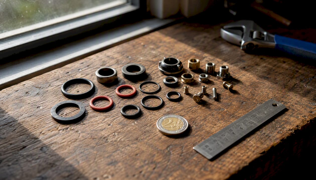 Tap parts arranged next to coin and ruler