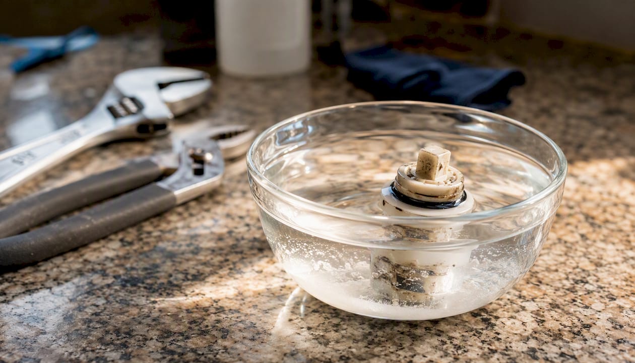 Ceramic disc cartridge soaking in vinegar bowl