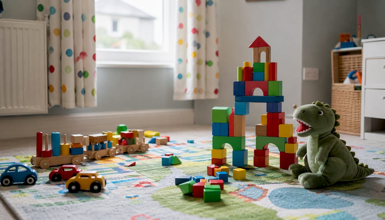 Playroom corner with toys for different aged children