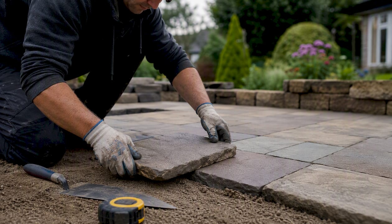 Hands laying patio stone pavers