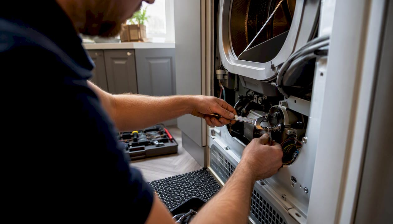 Technician repairing dryer inside laundry closet