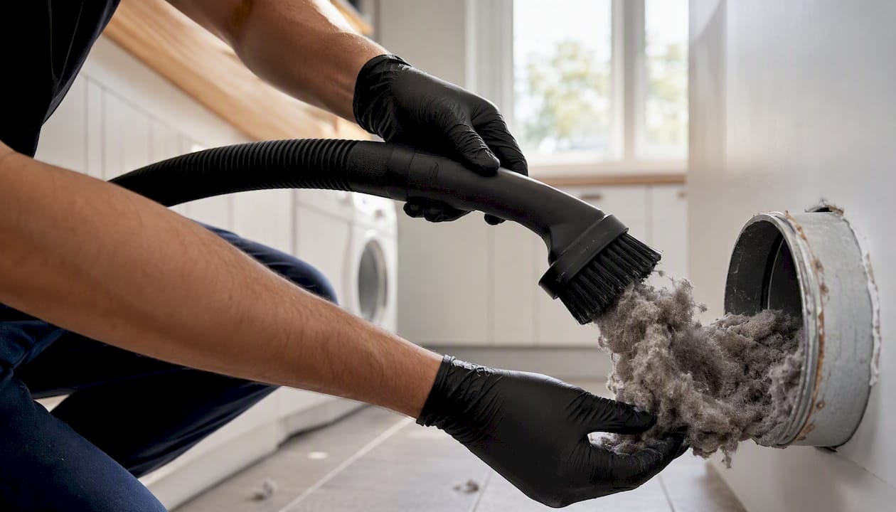 Hands cleaning blocked tumble dryer vent pipe