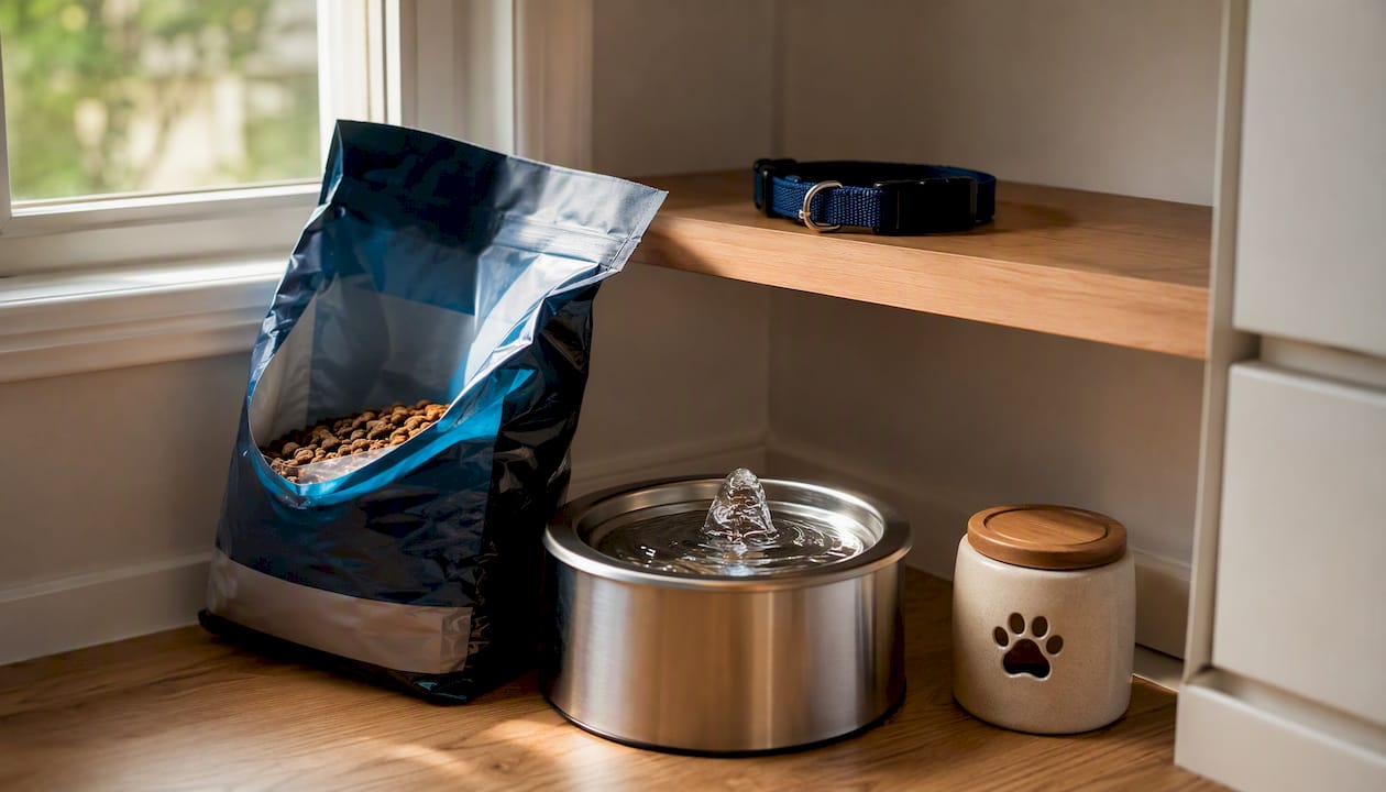 Pet care supplies arranged on home table