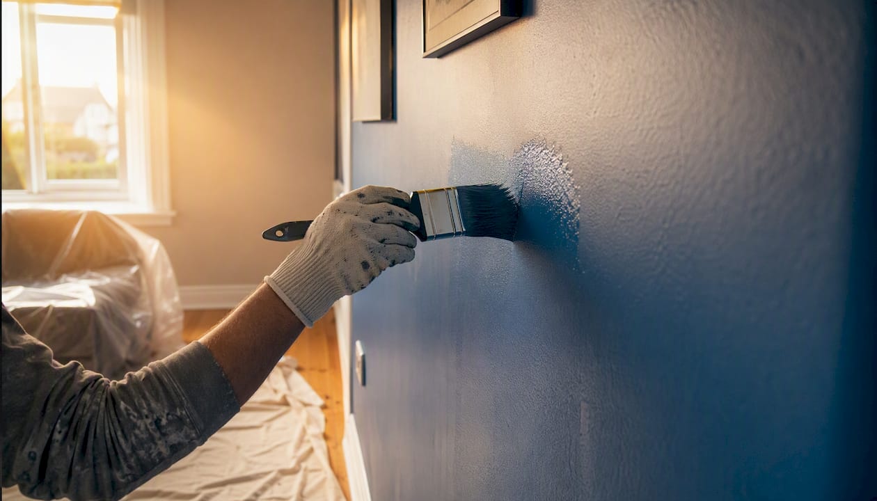 Painter brushing wall paint in room corner