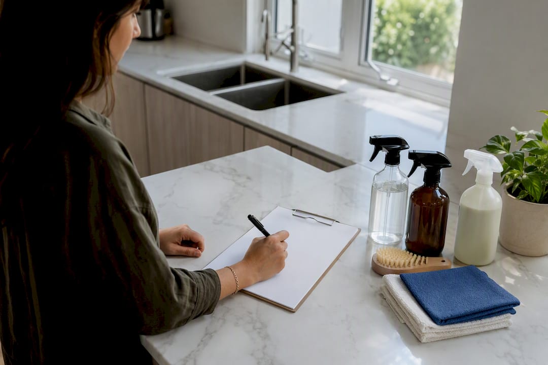 Homeowner checking cleaning work using checklist
