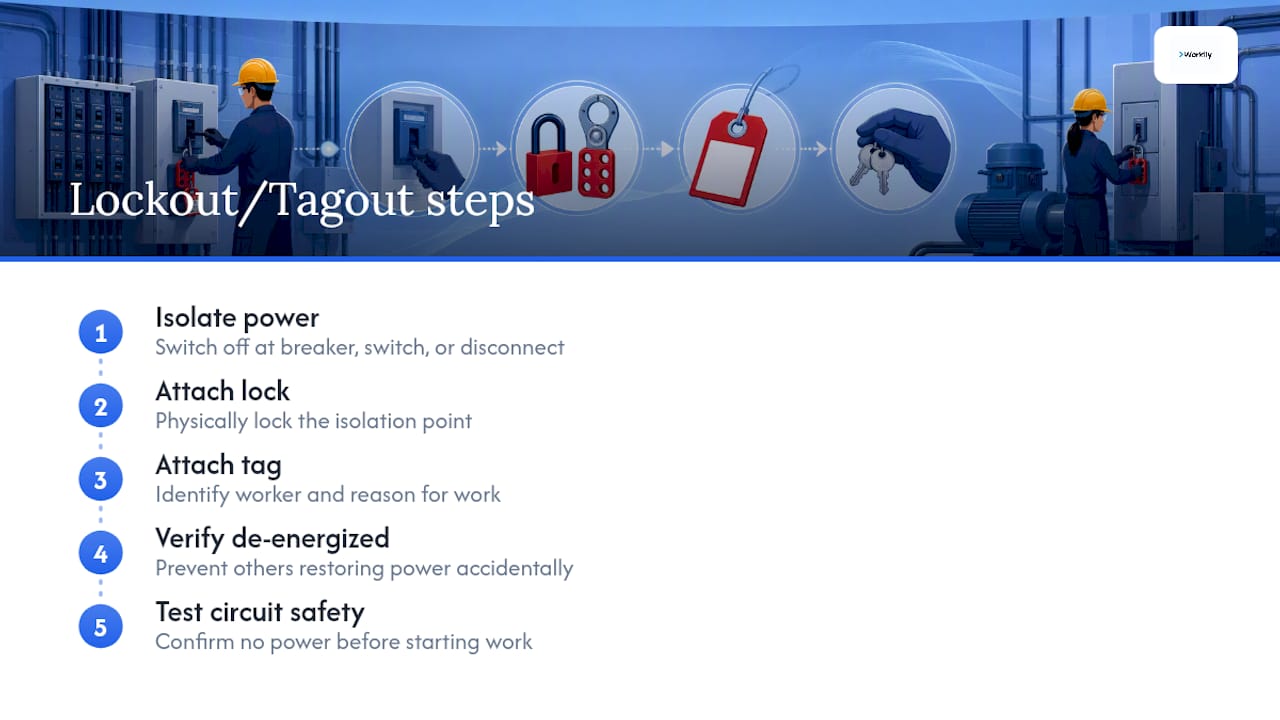 Step-by-step lockout/tagout procedure diagram