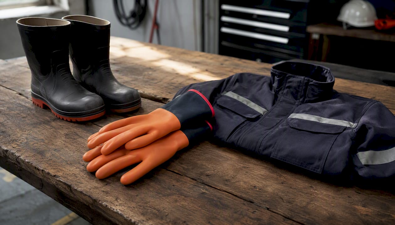Electrical safety PPE gear on workbench