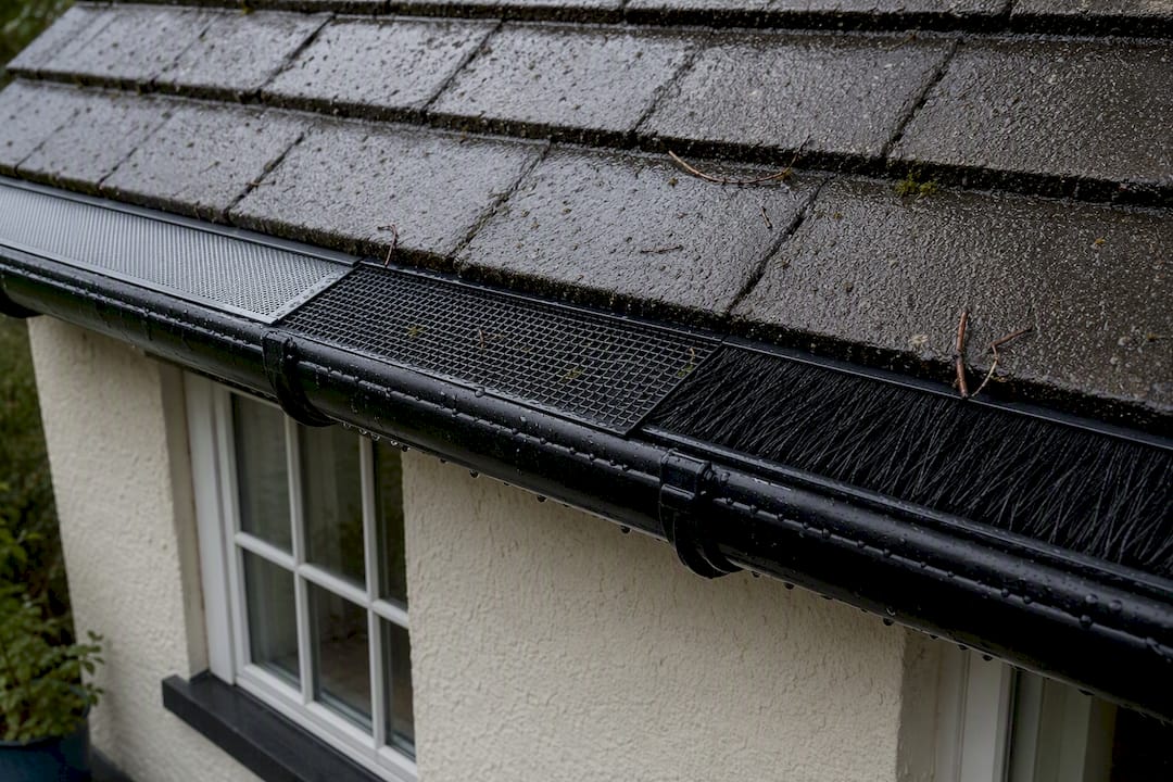 Close-up of three types of gutter guards on a roof
