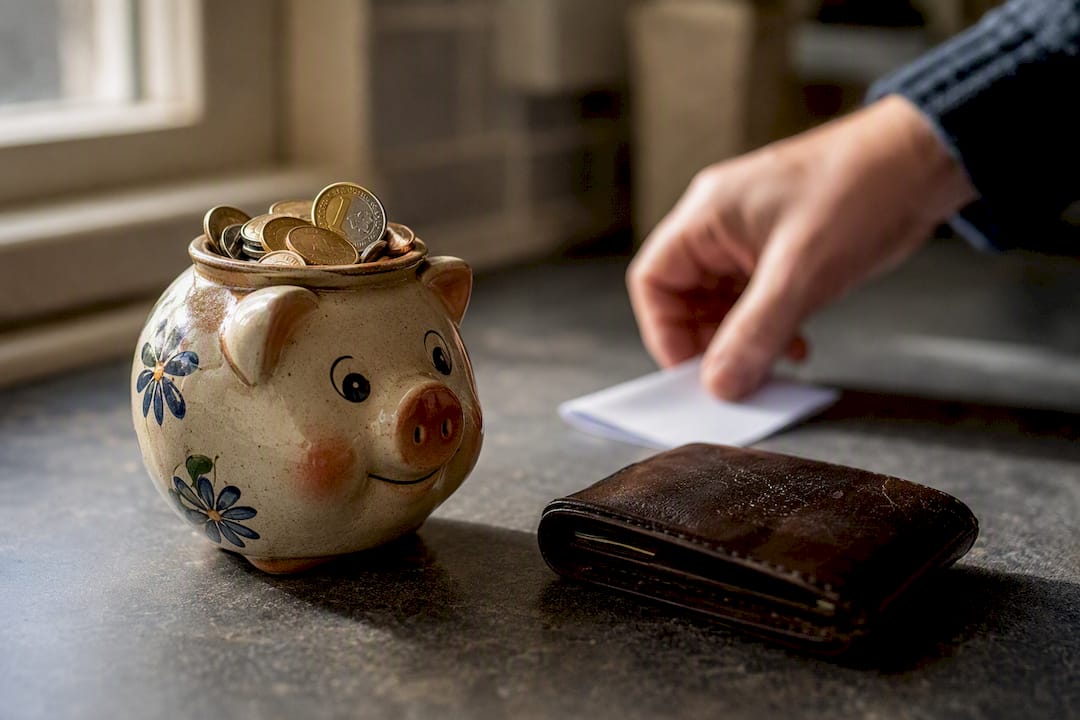 Piggy bank with coins and wallet on kitchen counter