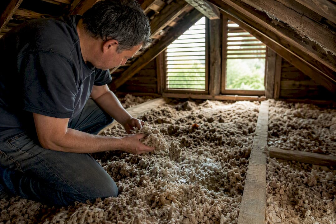 Hands inspecting attic insulation for damage