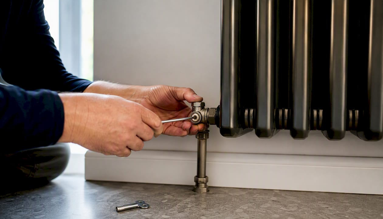 Hands bleeding radiator valve during maintenance
