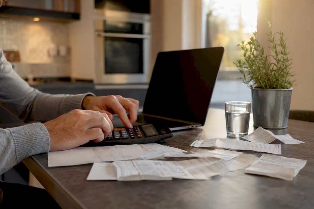 Hands using calculator with receipts on countertop