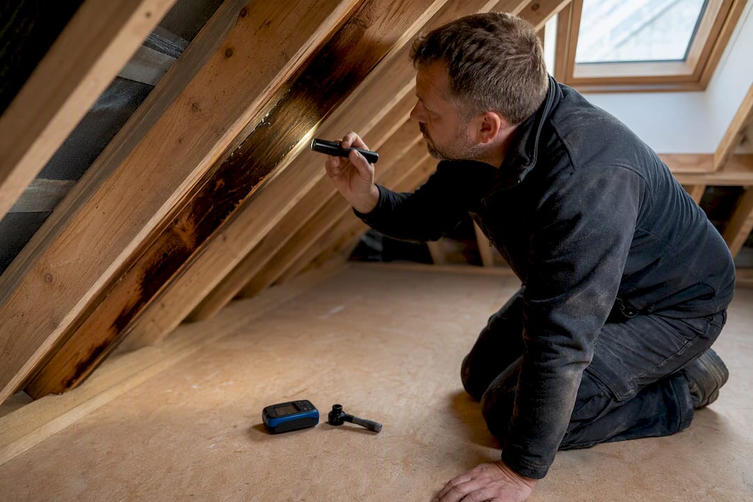 Inspecting dry attic timber after roof repair