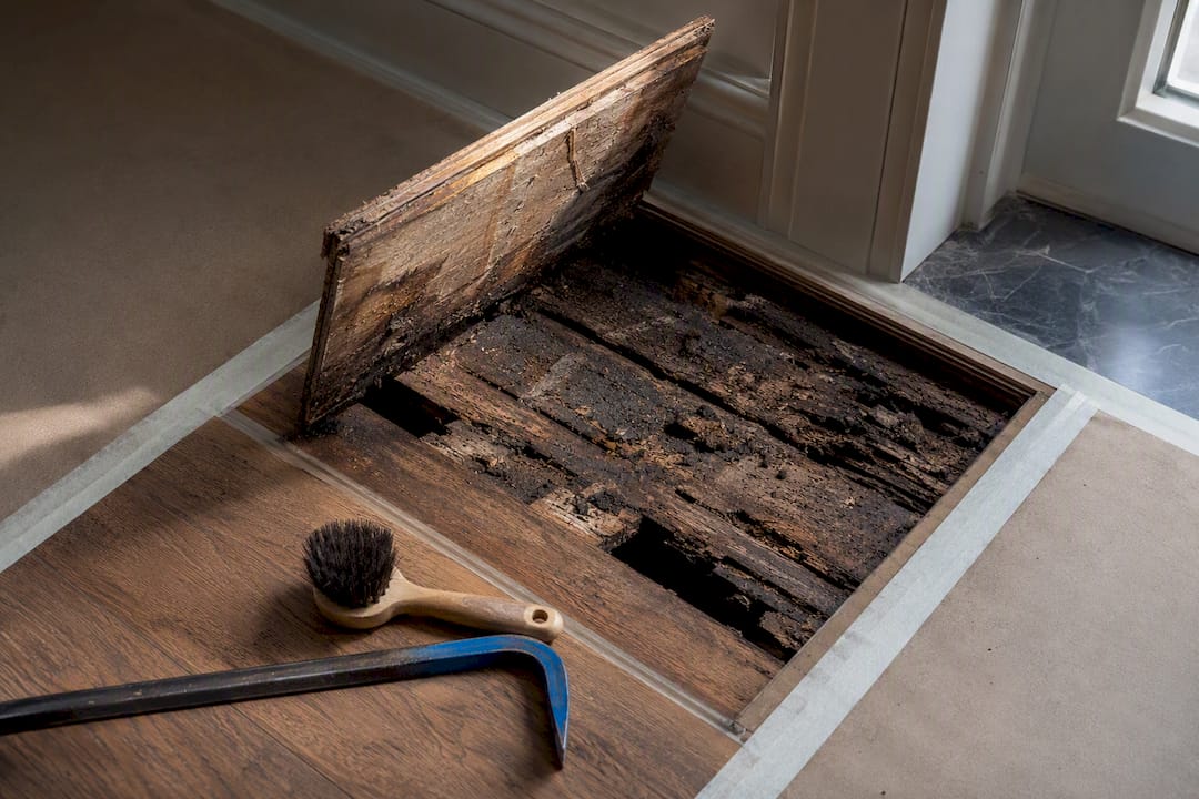 Rotten timber beneath lifted flooring