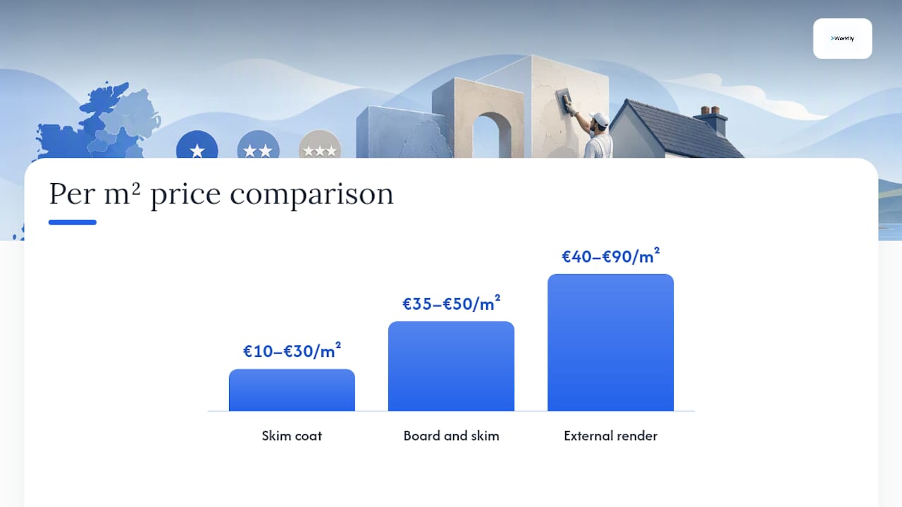 Plasterer rates Ireland: benchmark pricing per m², room and day — overview diagram