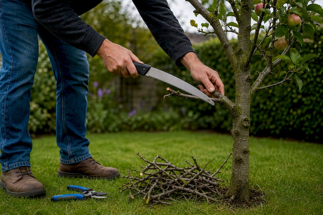 Low branch pruning on young apple tree